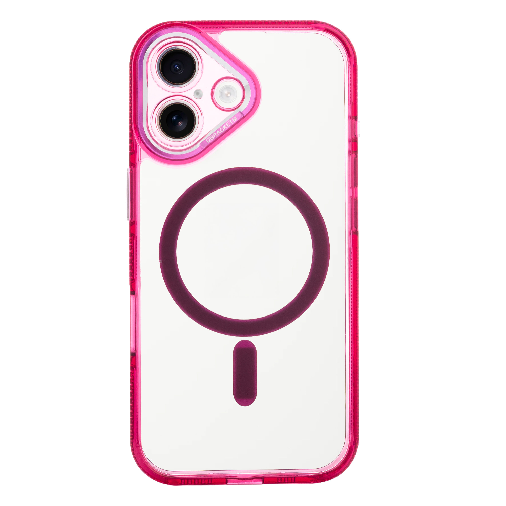 Carcasa transparente con cámara cubierta y bordes fucsia. Magsafe para iPhone 17.