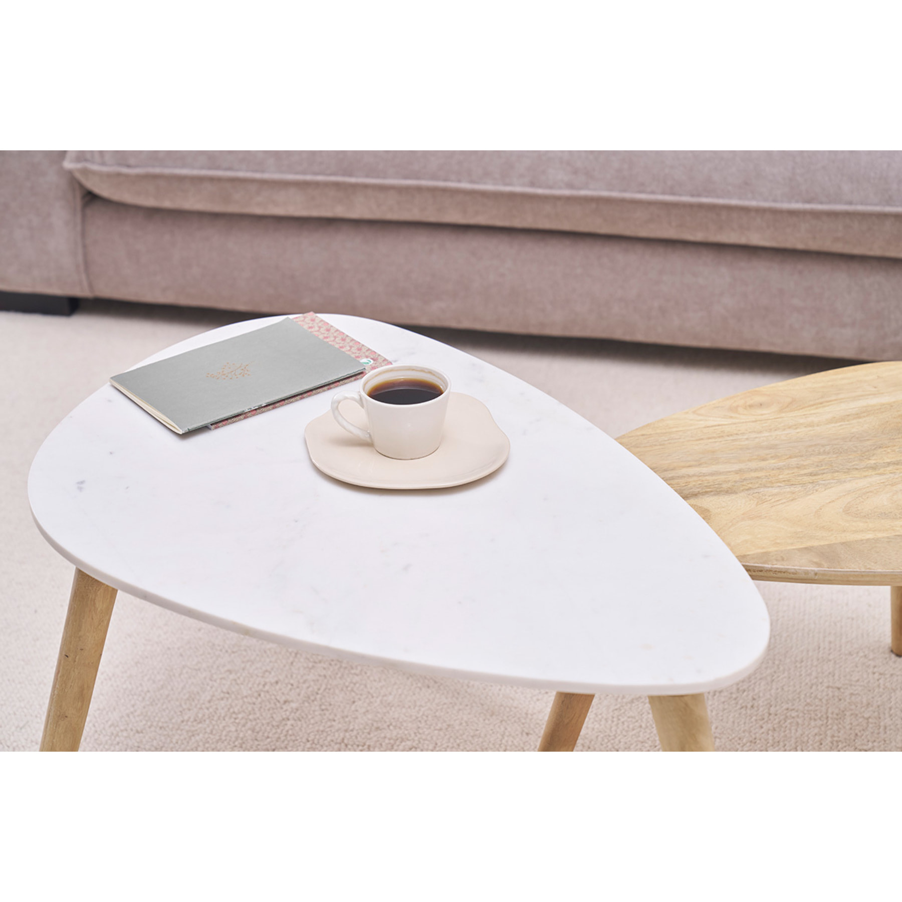 Tables basses gigognes marbre blanc et bois manguier massif (lot de 2) EVY