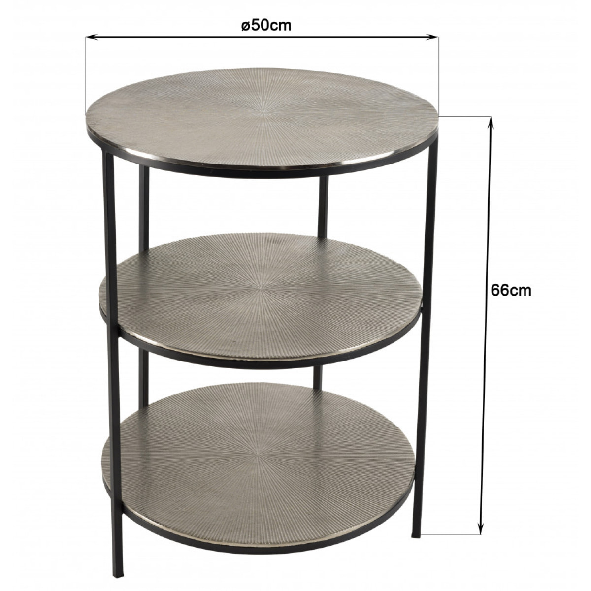 JONAS - Table d'appoint ronde 3 niveaux aluminium argenté et noir pieds métal