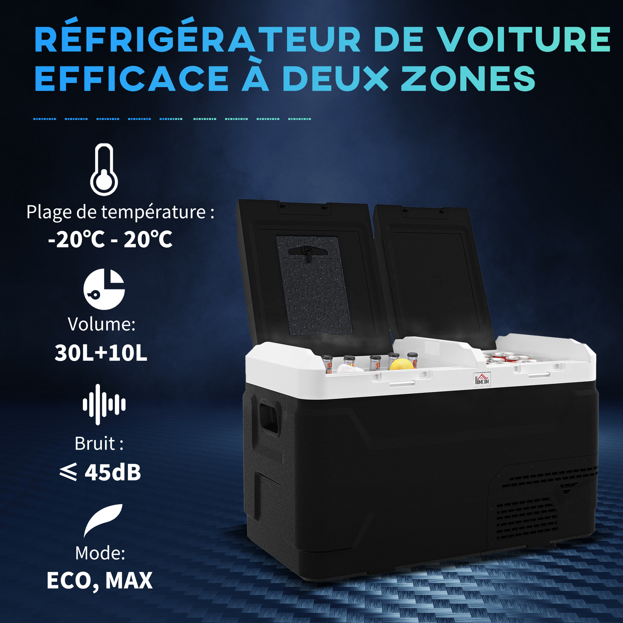 Glacière électrique portable 40L pour voiture - congélateur réfrigérateur 2 zones - LED - noir blanc