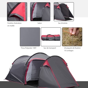 Tente de camping 2-3 personnes montage facile 3 portes fenêtres dim. 4,26L x 2,06l x 1,54H m fibre verre polyester PE gris