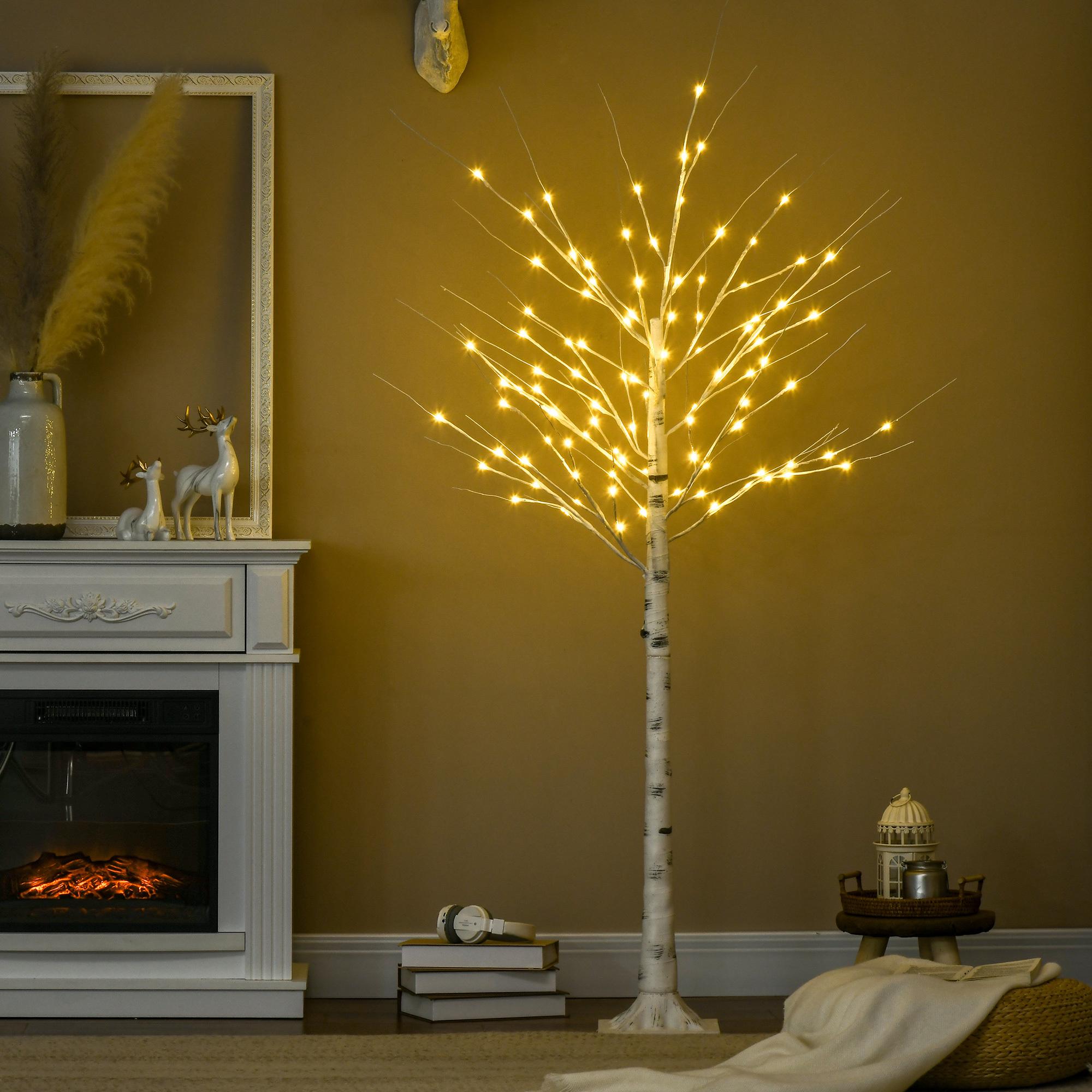 Árbol de Abedul Altura 180 cm con 96 Luces LED IP44 Blanco Cálido Ramas Flexibles y Base Lámpara de Árbol Decoración Navidad para Interiores 22x22x180 cm Blanco