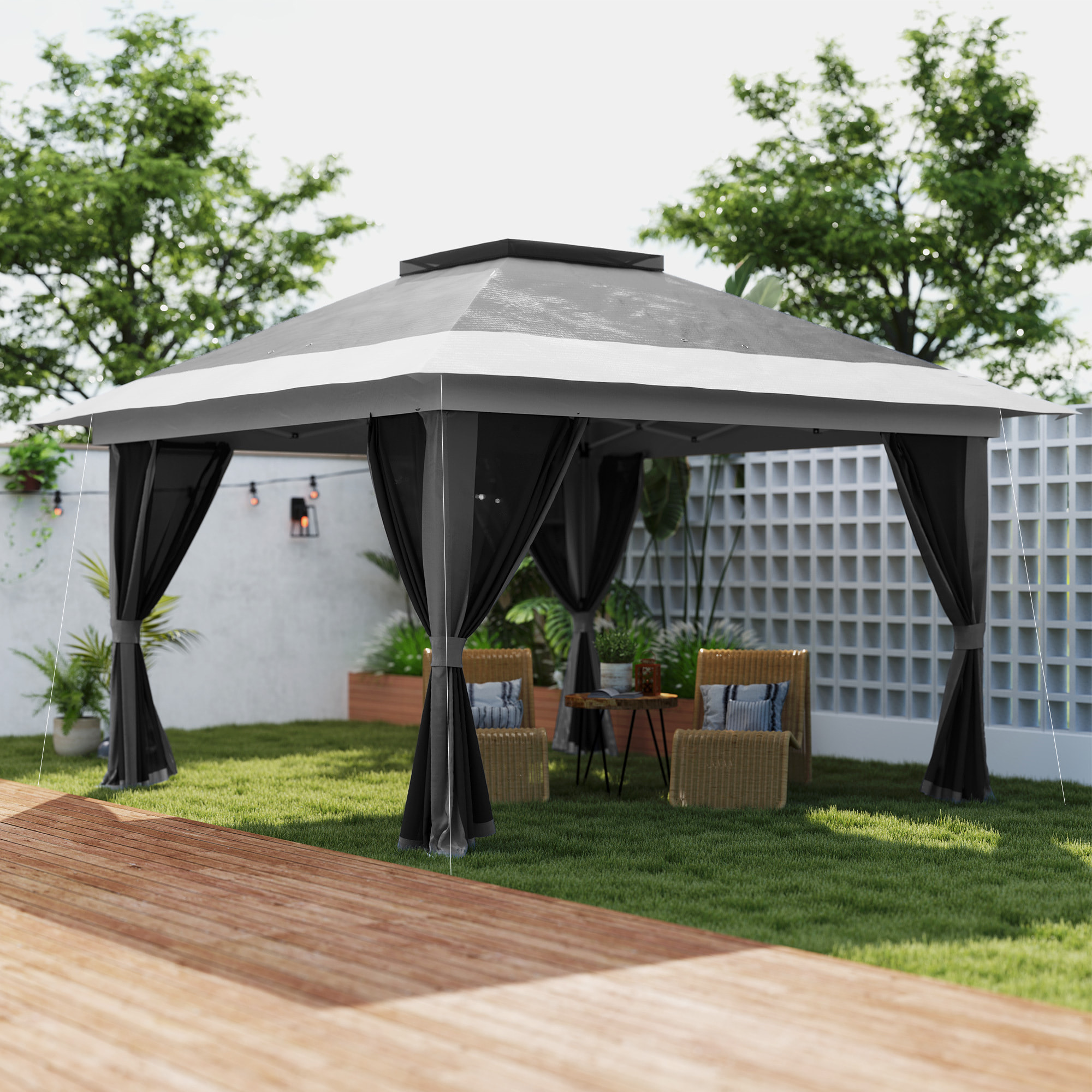 Carpa Plegable Gazebo, 3,6x3,6 m, Cenador Plegable con 4 Paredes Laterales de Malla, Anti-UV, Altura Ajustable, Bolsa de Arena y Bolsa de Transporte, para Camping, Fiestas, Gris Oscuro