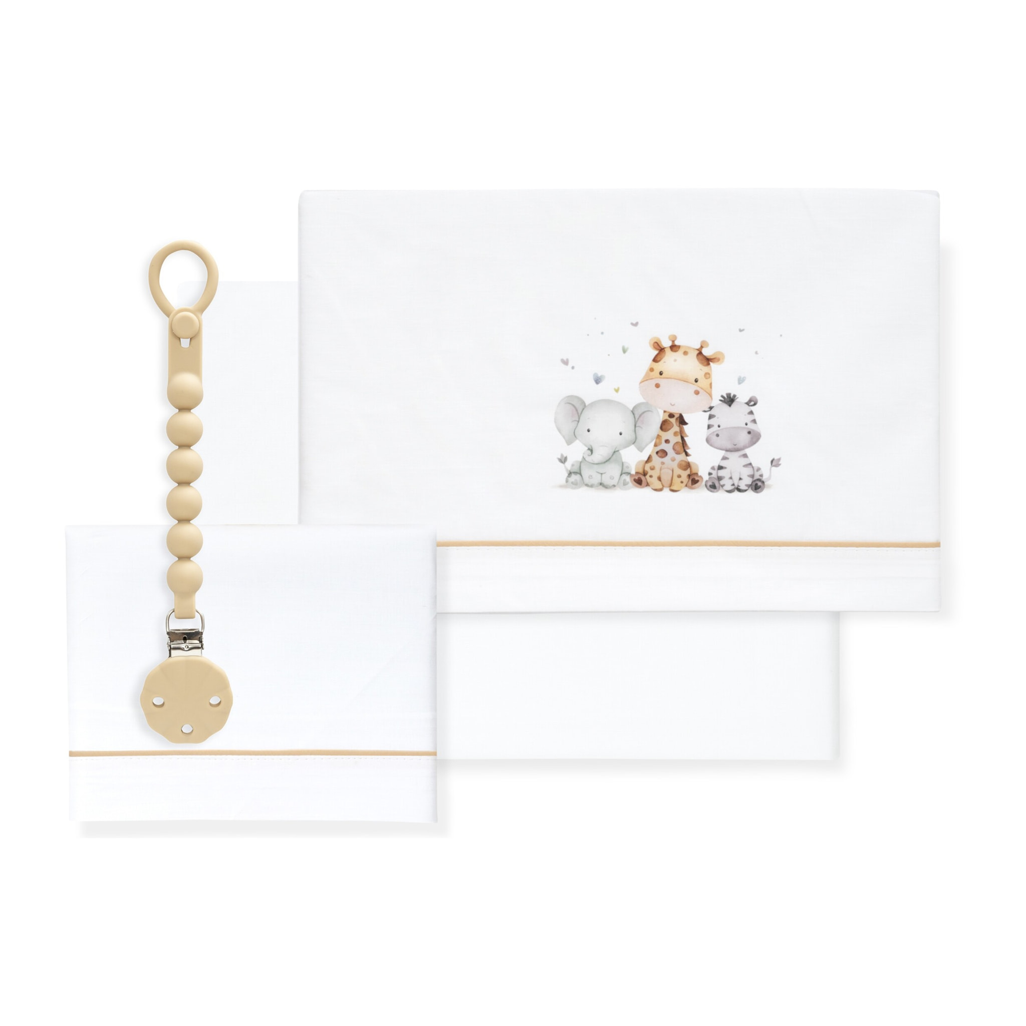 Juego de Sábanas para Cuna mod. Estampado Jirafa Elefante con Broche Muselina