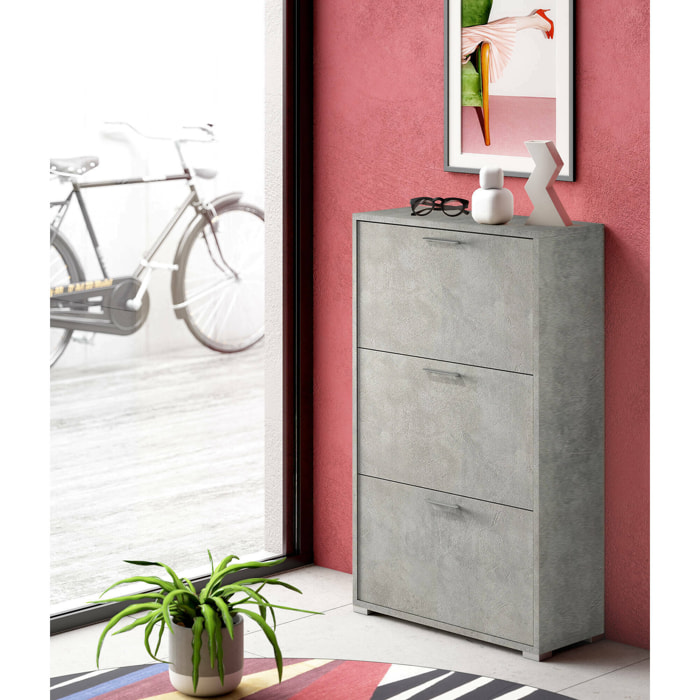 Scarpiera Axinite, Mobile multiuso da ingresso con 3 ante a ribalta, Armadietto portascarpe a doppia profondità, 100% Made in Italy, 67x28h112 cm, Cemento
