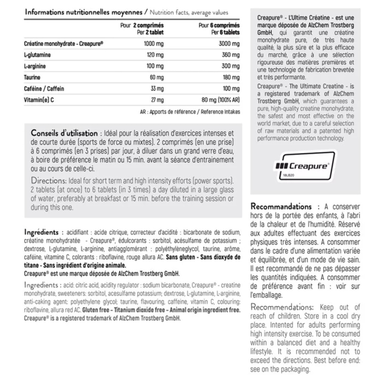 Creatine Efferberscent Complex- A base de Créatine, Glutamine, Arginine, Taurine et Caféine - Aide à améliorer les capacités physiques - Tube de 30 comprimés - Cure de 5 à 15 jours