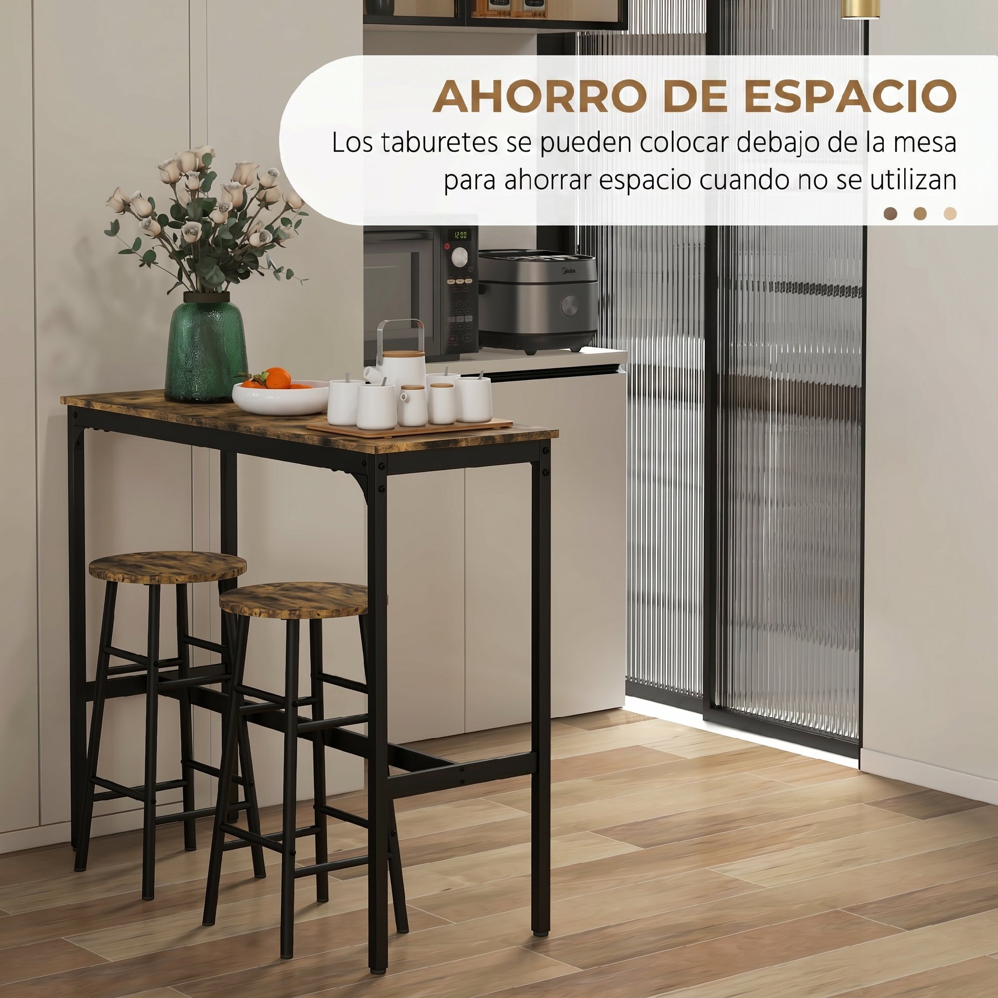 Conjunto Mesa Alta de Cocina con 2 Taburetes, Mesa Alta de Bar, Ahorro de Espacio, Marco de Acero, Estilo Industrial, para Comedor, Balcón o Isla Cocina, Marrón Rústico
