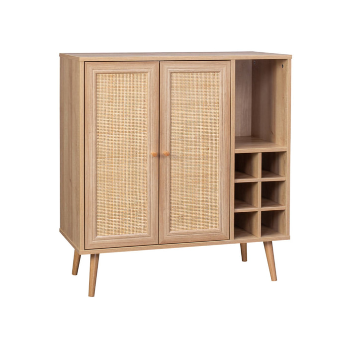 Buffet range bouteilles portes en cannage et décor bois avec casiers. buffet haut. vaisselier. 83cm