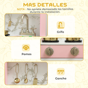 Cocina de Juguete de Madera con Sonido, Cocinita Infantil con Accesorios de Acero Inoxidable, Microondas, Horno, Fregadero, Verduras para Cortar, para Niños a Partir de 3 Años, Rosa