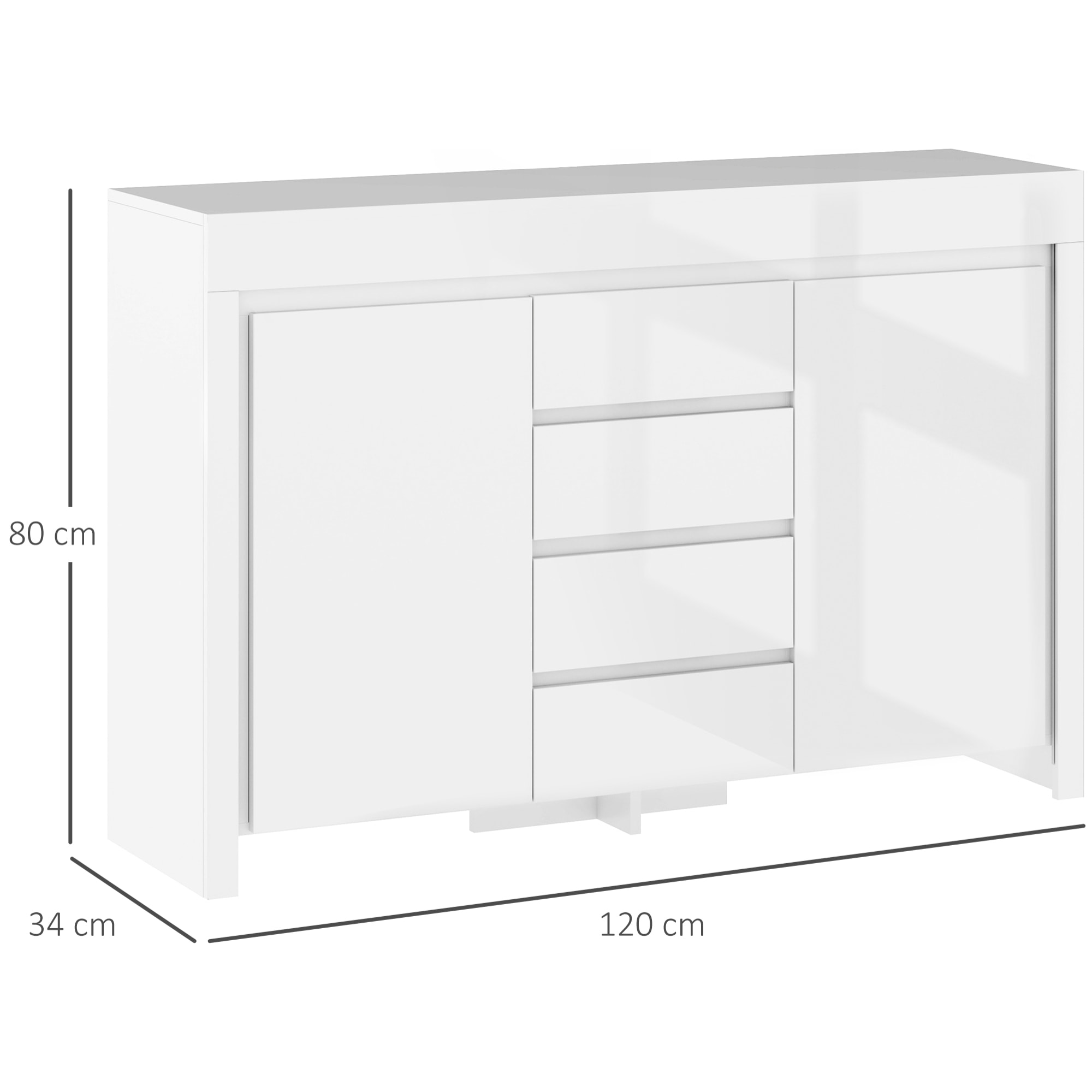 Aparador con Luces LED Aparador de Salón con 4 Cajones Cierre Suave Estantes Ajustables y Mando a Distancia Mueble Aparador de Dormitorio 120x34x80 cm Blanco Brillo