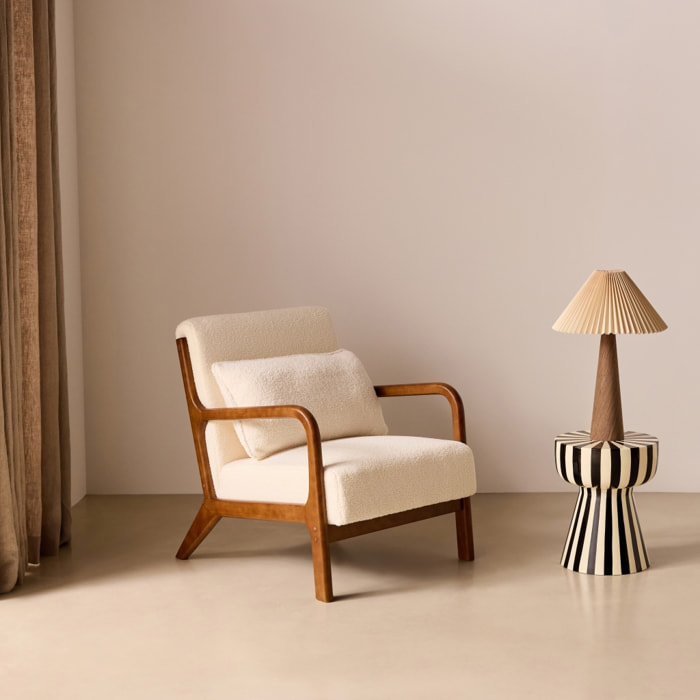 Fauteuil scandinave bois d'hévéa teinté noyer clair et bouclette LORENS