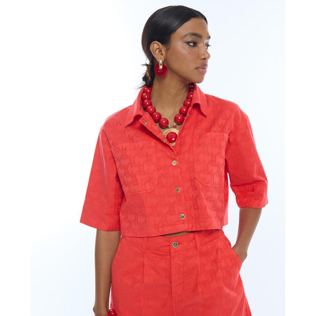 Camicia a maniche corte in twill con logo Jacquard LC