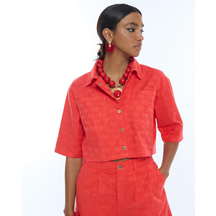 Camicia a maniche corte in twill con logo Jacquard LC