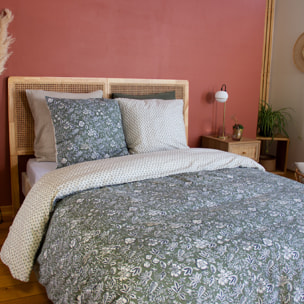 Parure de lit 3 pièces réversible motif floral - Kaki