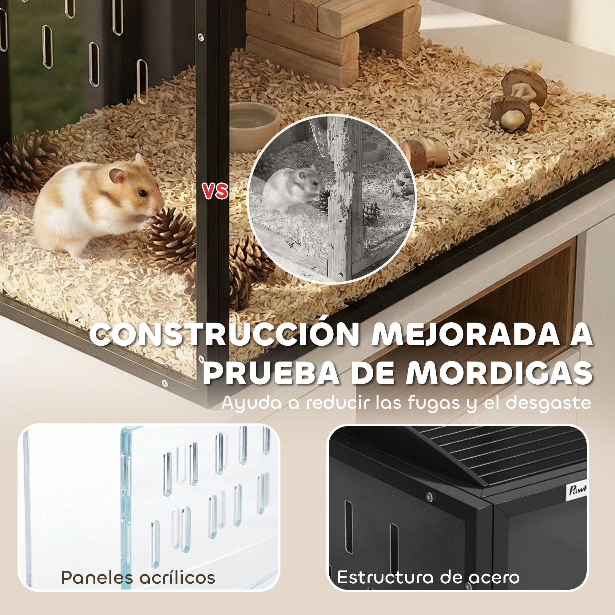 Jaula para Hámster Grande, 105x51x53 cm, Casa para Roedores Pequeños con Tapa Ventilada Abatible, Marco de Acero, Paneles Transparentes de Acrílico, para Ratas y Jerbos, Negro