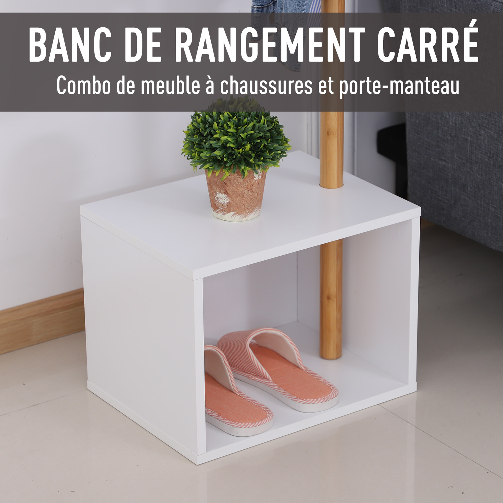 HOMCOM Meuble rangement porte-manteaux 2 en 1 design contemporain cosy dim. 40L x 30l x 180H cm MDF blanc bois massif bambou