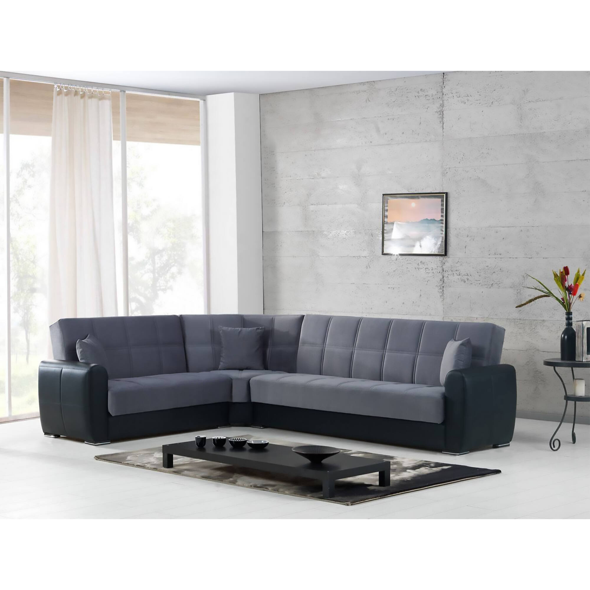 Divano letto Matias, Divano letto contenitore ad angolo in ecopelle e tessuto, Sofà da soggiorno con apertura click-clack e penisola reversibile, 305x238h91 cm, Nero e Grigio