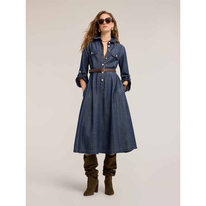 Motivi - Vestito chemisier midi in denim con cintura - Blu