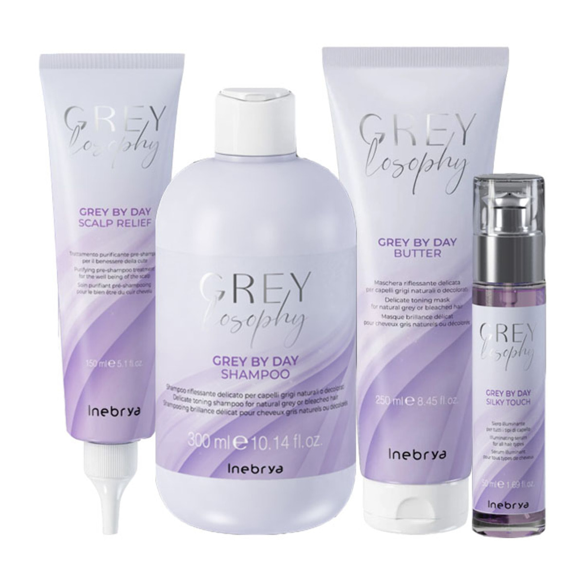 INEBRYA Kit Greylosophy Grey By Day Pre Champú 150ml + Champú 300ml + Mascarilla 250ml + Silk Touch 50ml