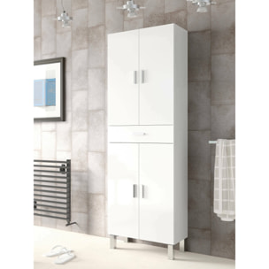 Armadio multiuso Oxnard, Mobile per bagno o lavanderia a 4 ante e 1 cassetto, Armadio multiuso portascarpe, cm 60x29h182, Bianco lucido