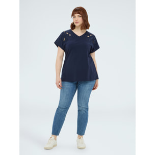 Fiorella Rubino - T-shirt in cotone con ricami e cut out - Blu