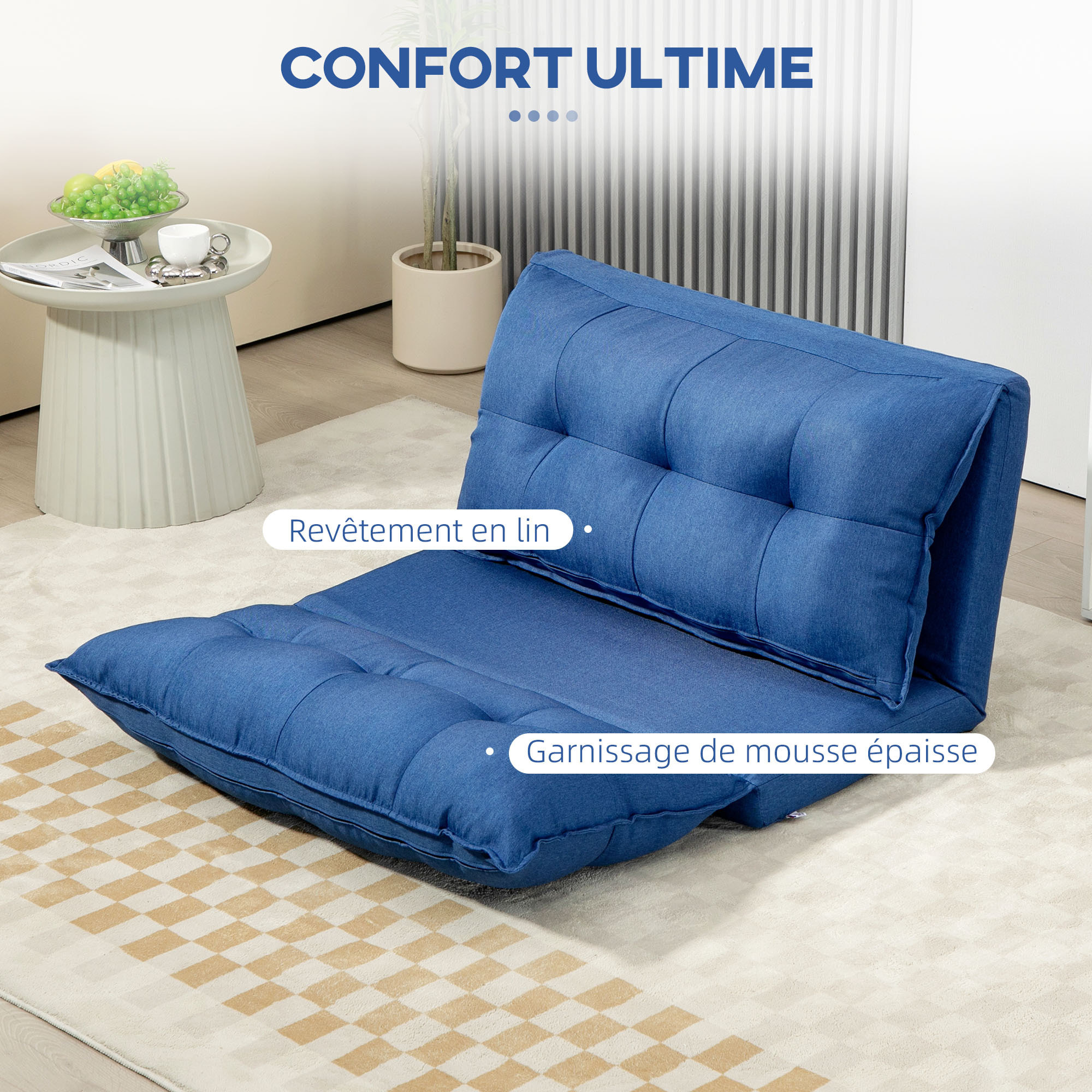 Chauffeuse - matelas d'appoint pliant - fauteuil convertible - inclinaison dossier réglable 13 positions - tissu lin bleu