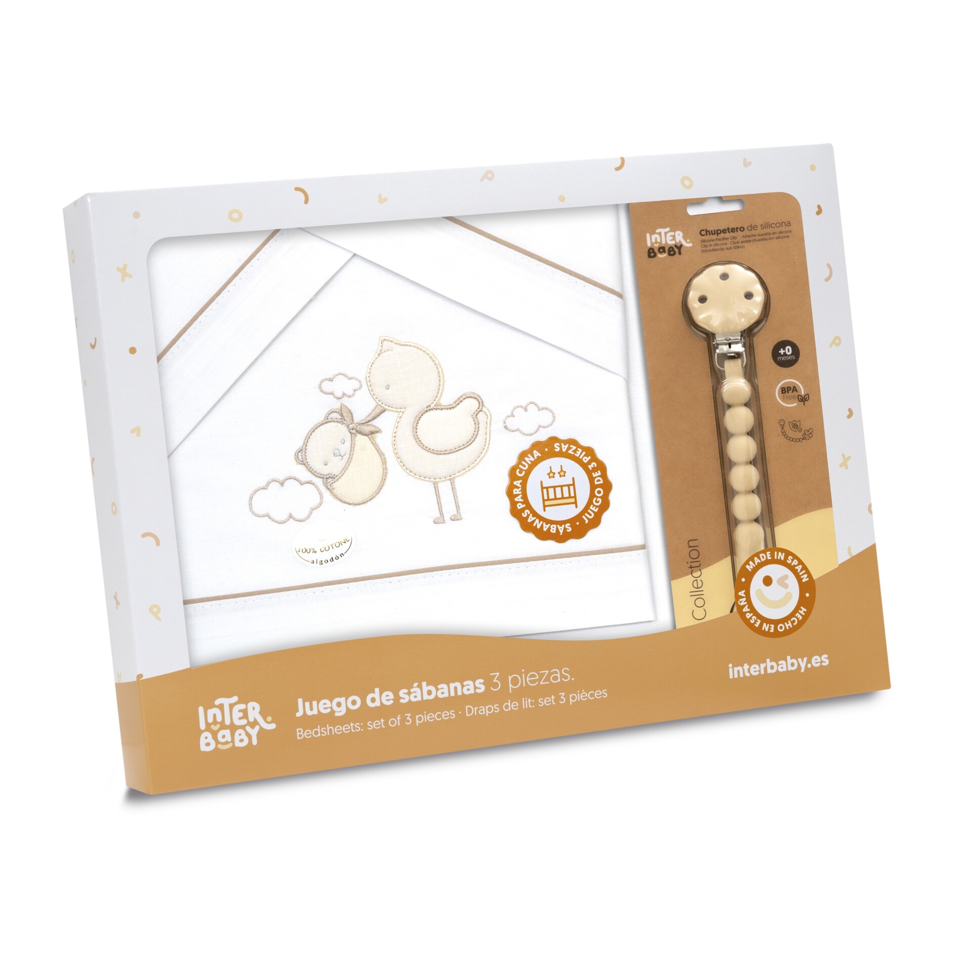 Triptico Cuna Cigueña Oso + Broche Bco/Beig