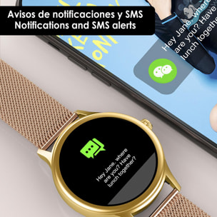 Smartwatch DT66 con pulsera de acero. Monitor de tensión y oxígeno en sangre. Varios modos deportivos. Notificaciones para iOS y Android.