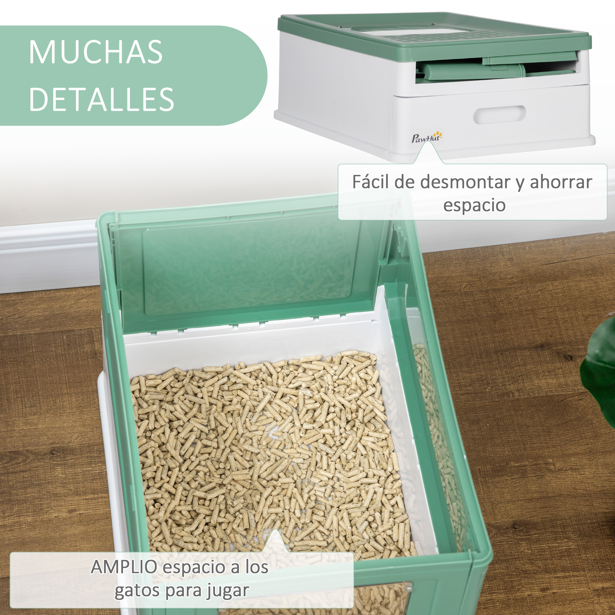 PawHut Caja de Arena Plegable para Gatos Arenero Cerrado para Gatos con Cubierta Desmontable Bandeja Extraíble Techo Abatible Puerta de Entrada y Pala 47,5x35,5x36,7 cm Verde