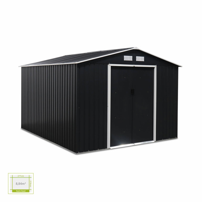 Abri de jardin en métal - FLANDRE 8.84m² gris anthracite - Cabane à outils avec deux grandes portes coulissantes. kit de fixation sol inclus. maison de rangement. remise
