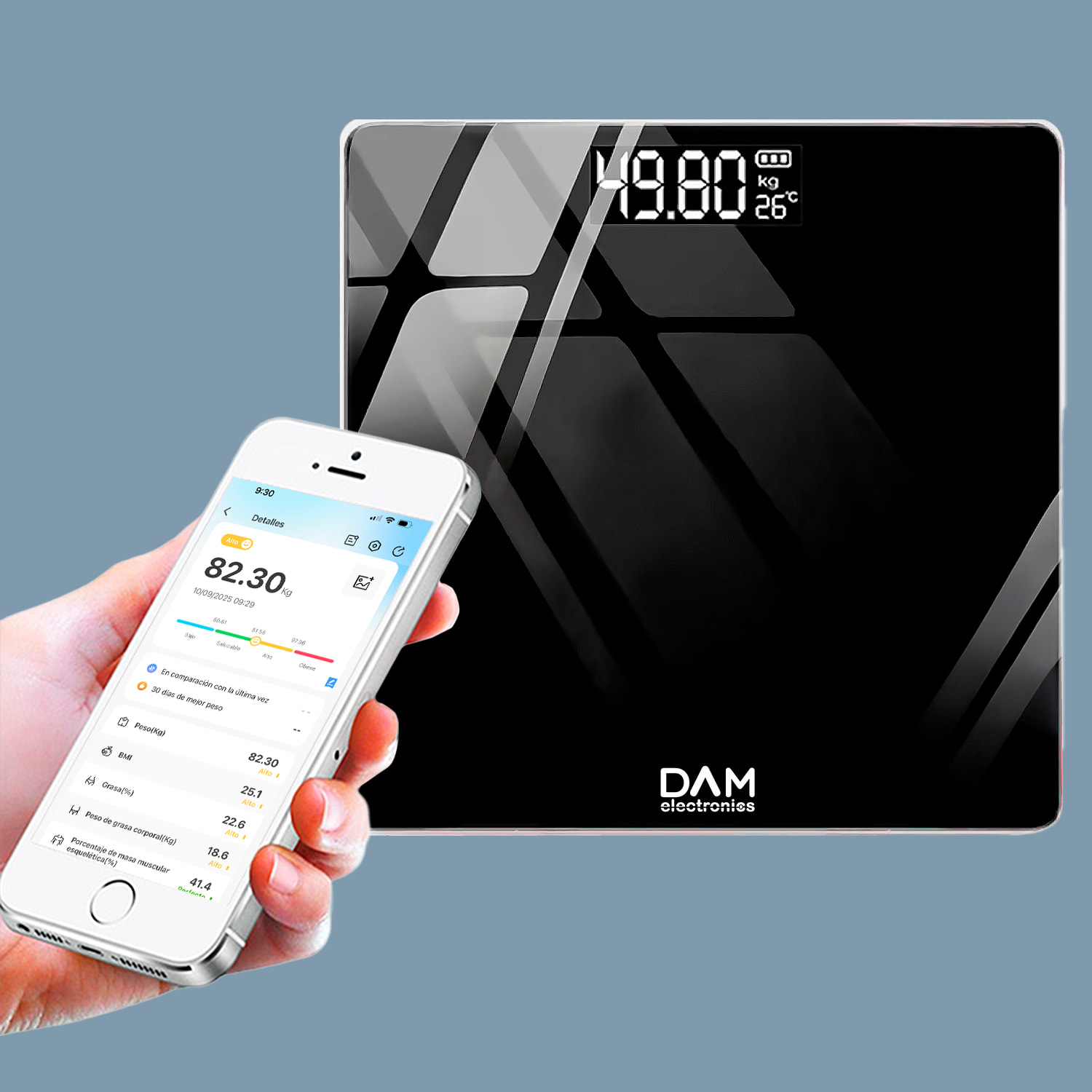 Báscula inteligente con bioimpedancia, Bluetooth y App. Peso, grasa%, IMC, edad corporal, etc.
