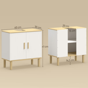 Mueble Bajo Lavabo, Mueble de Baño con Estante Ajustable, Puertas Acanaladas y Patas de Madera, para Lavabo sin Pedestal, 60x30x61 cm, Blanco