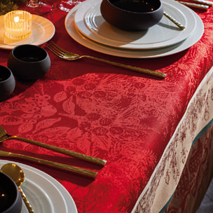 Nappe anti tache pur coton jacquard Couronne de noel rouge