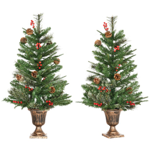 Juego de 2 Piezas de Árbol de Navidad Artificial 90 cm con Maceta Ignífugo con 110 Ramas 10 Bayas 8 Piñas y Hojas de PVC Decoración Navideña para Interiores Verde