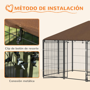 Perrera con Toldo Parque para Perros Metálica de Exterior con Soporte Giratorio para Comida 2 Cuencos para Patio Jardín Terraza 211x141x151 cm Negro