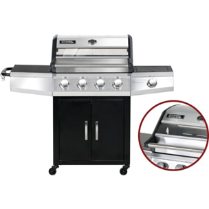 Barbecue gaz avec couvercle en verre "Bingo 5" - 4 brûleurs + 1 latéral + Housse protection - 15.2 kW - Noir