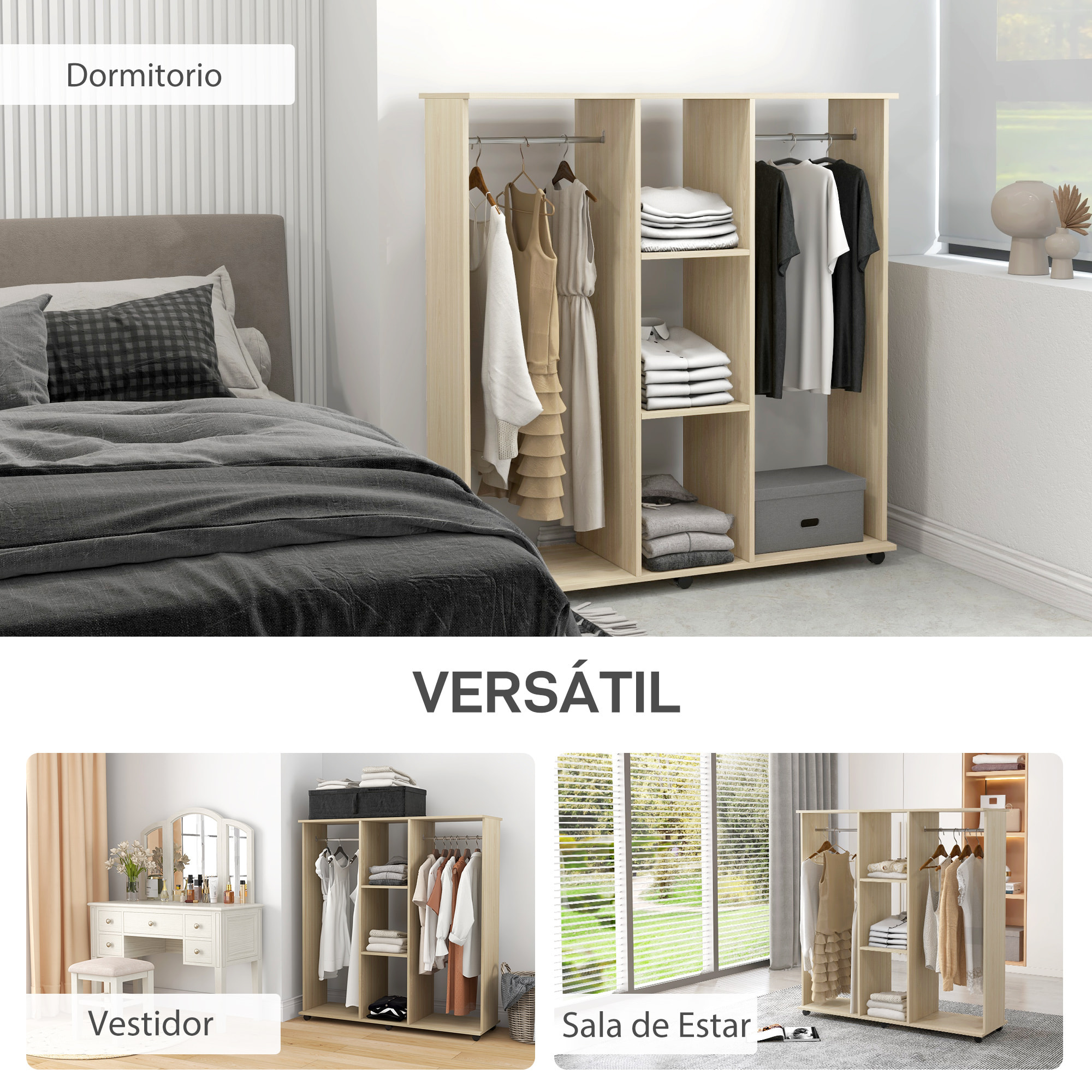 Armario Ropero con Ruedas, Armario Abierto Colgador con Barras para Colgar Ropa, Estantes Abiertos, para Dormitorio, 120x40x128 cm, Natural