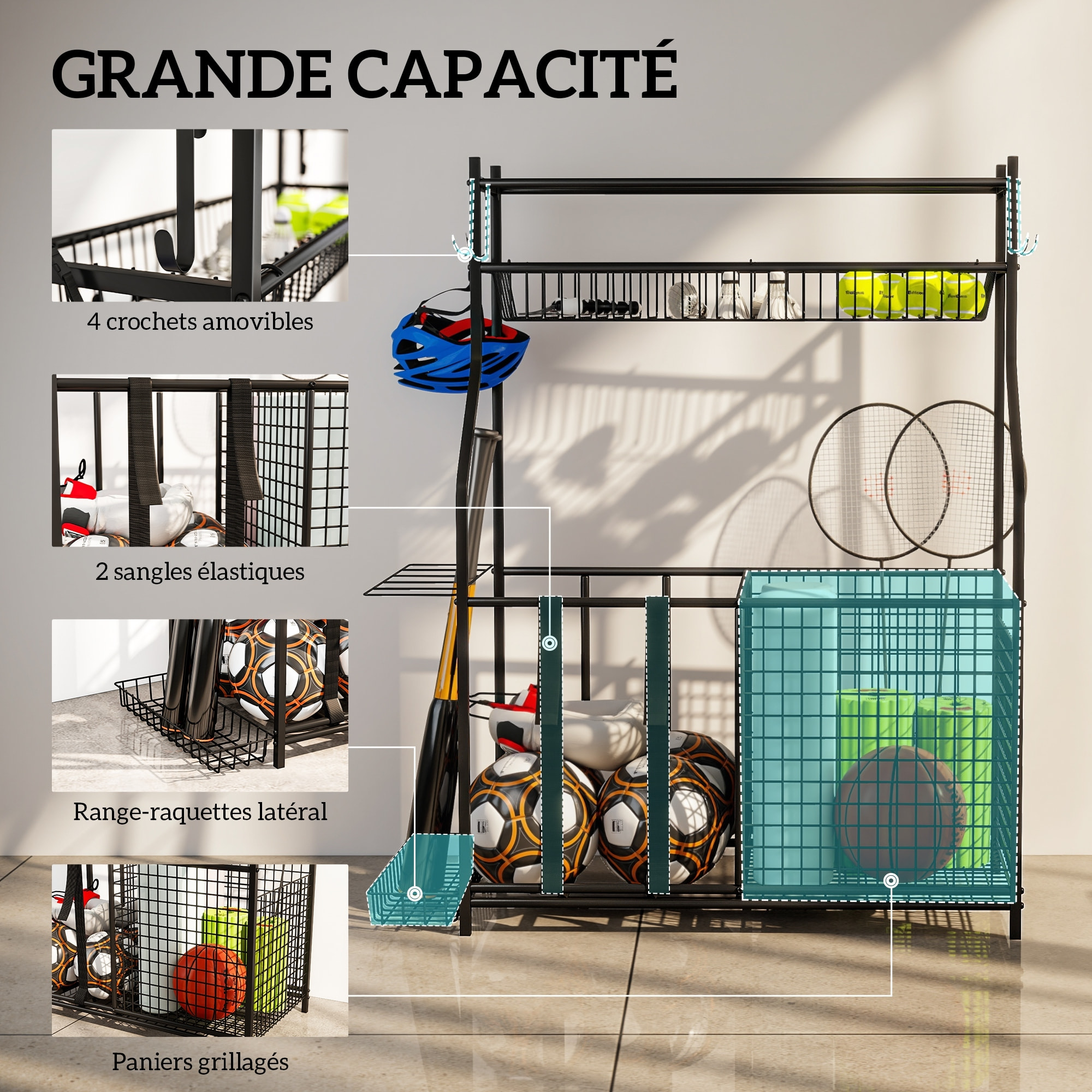 Rangement pour équipements sportifs - support de rangement pour ballon - multi-rangement - métal noir