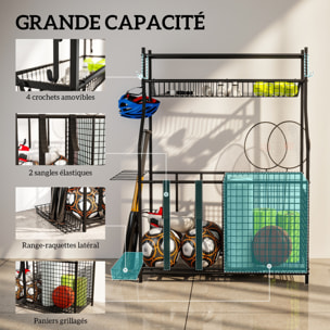 Rangement pour équipements sportifs - support de rangement pour ballon - multi-rangement - métal noir