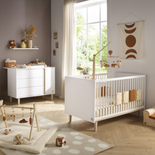Chambre bébé évolutive Paloma, Lit 140x70 évolutif et Commode à langer 3 tiroirs et 1 porte - Chêne sépia