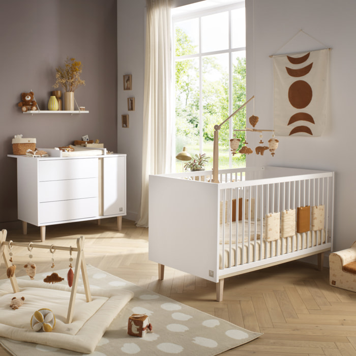 Chambre bébé évolutive Paloma, Lit 140x70 évolutif et Commode à langer 3 tiroirs et 1 porte - Chêne sépia