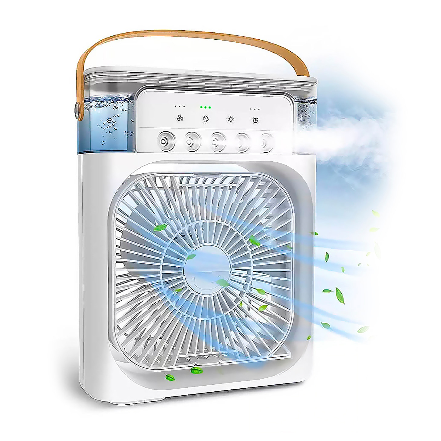 Ventilador de aire frío con 3 intensidades y luz RGB ajustable.