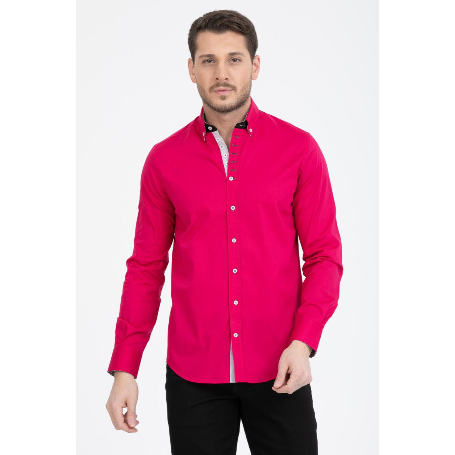 Camicia Uomo 1 Bottoni Button Down Slim Popeline Stretch Unito Fucsia