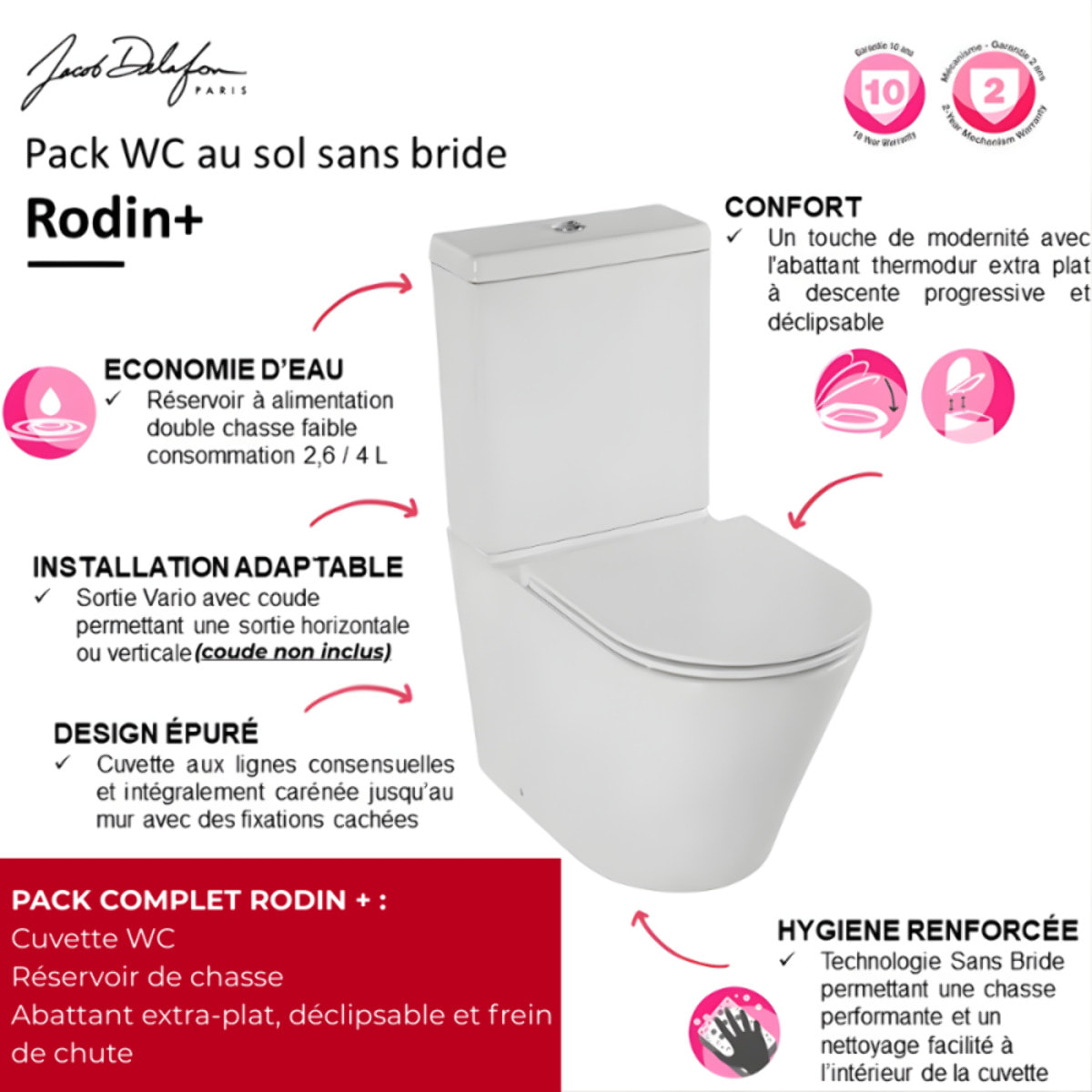 WC à poser sans bride sortie universelle Rodin+ avec abattant frein de chute