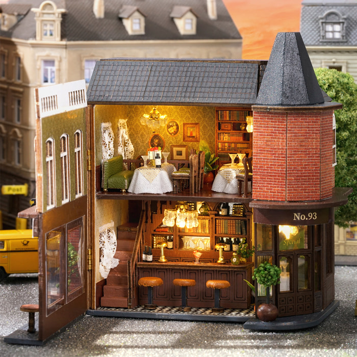 Restaurante Garden. Maqueta 3D con diseño de panel de puerta abierta, realista con gran detalle y luces led.