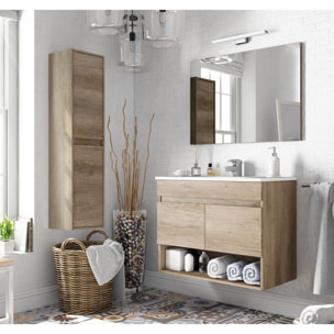 Mobile Mobiletto Bagno Sospeso Legno Con 2 Ante Ripiani e Vani Aperti Lavabo In Ceramica Con Specchio Design Moderno Nordico 80 x 45 x 64 Cm Rovere