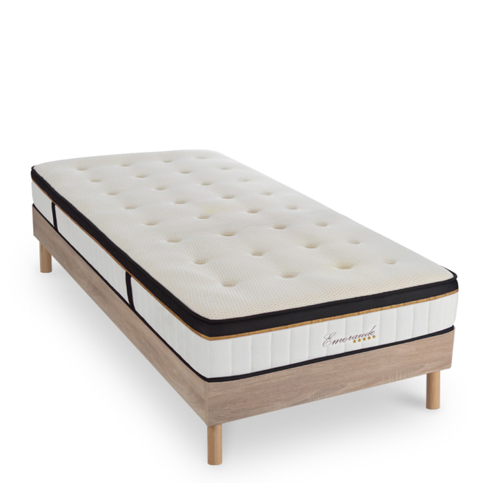 Ensemble Matelas Émeraude & Sommier Kit Bois, Mémoire de Forme & Air System, 25 cm, Accueil Moelleux, Soutien Ferme, Lattes Actives