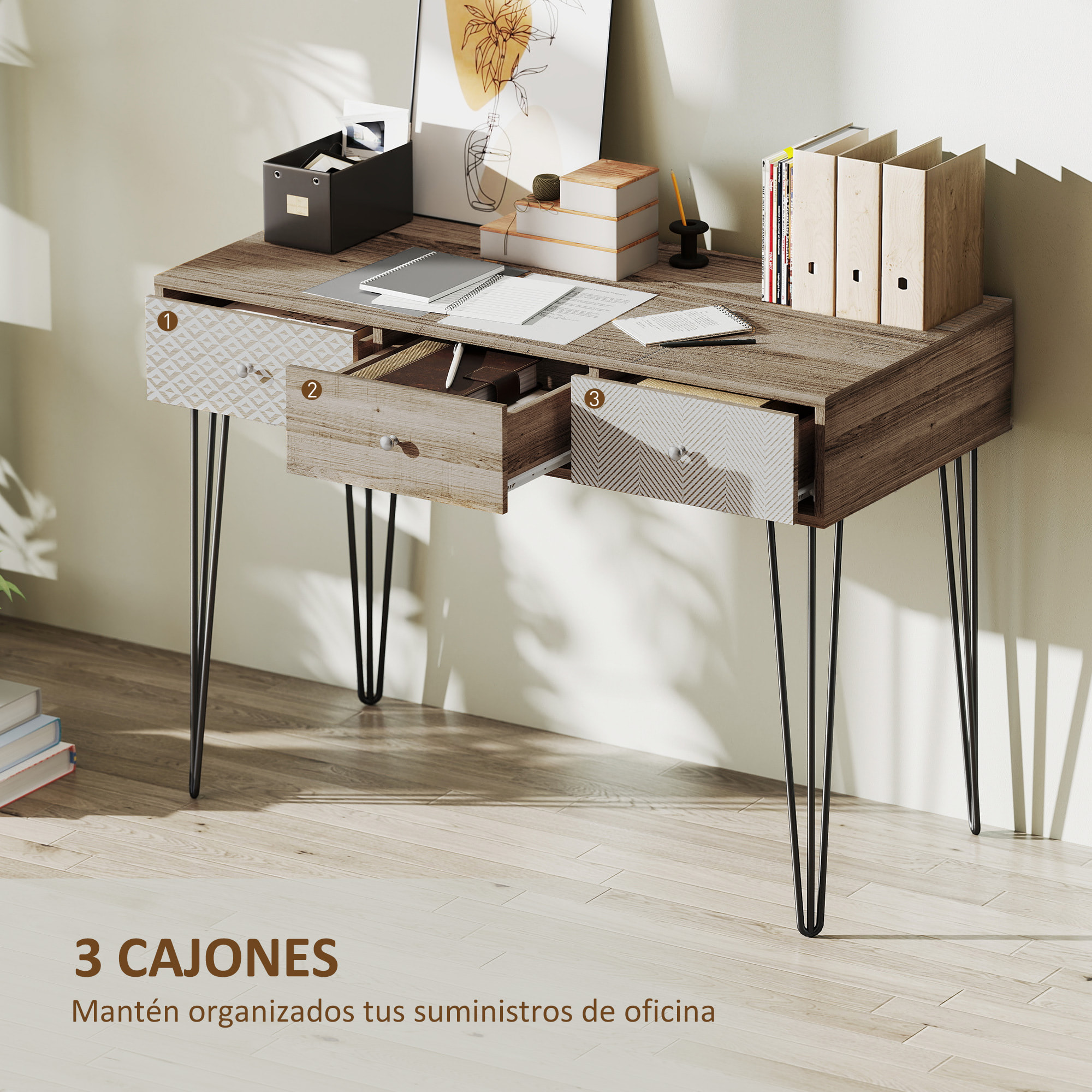 Escritorio Bohemio Mesa de Escritorio con 3 Cajones y Patas Horquilla para Oficina Dormitorio Tocador 105x50x75 cm Madera