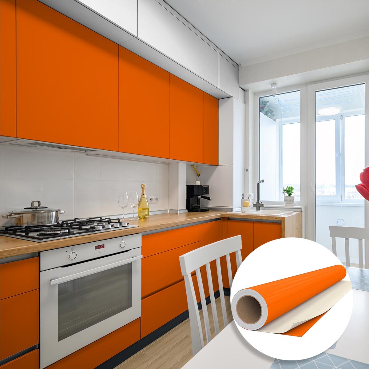 Rouleau adhésif décoratif Vinyle au Mètre - Orange - Sticker Lavable Imperméable Mur Cuisine Meubles