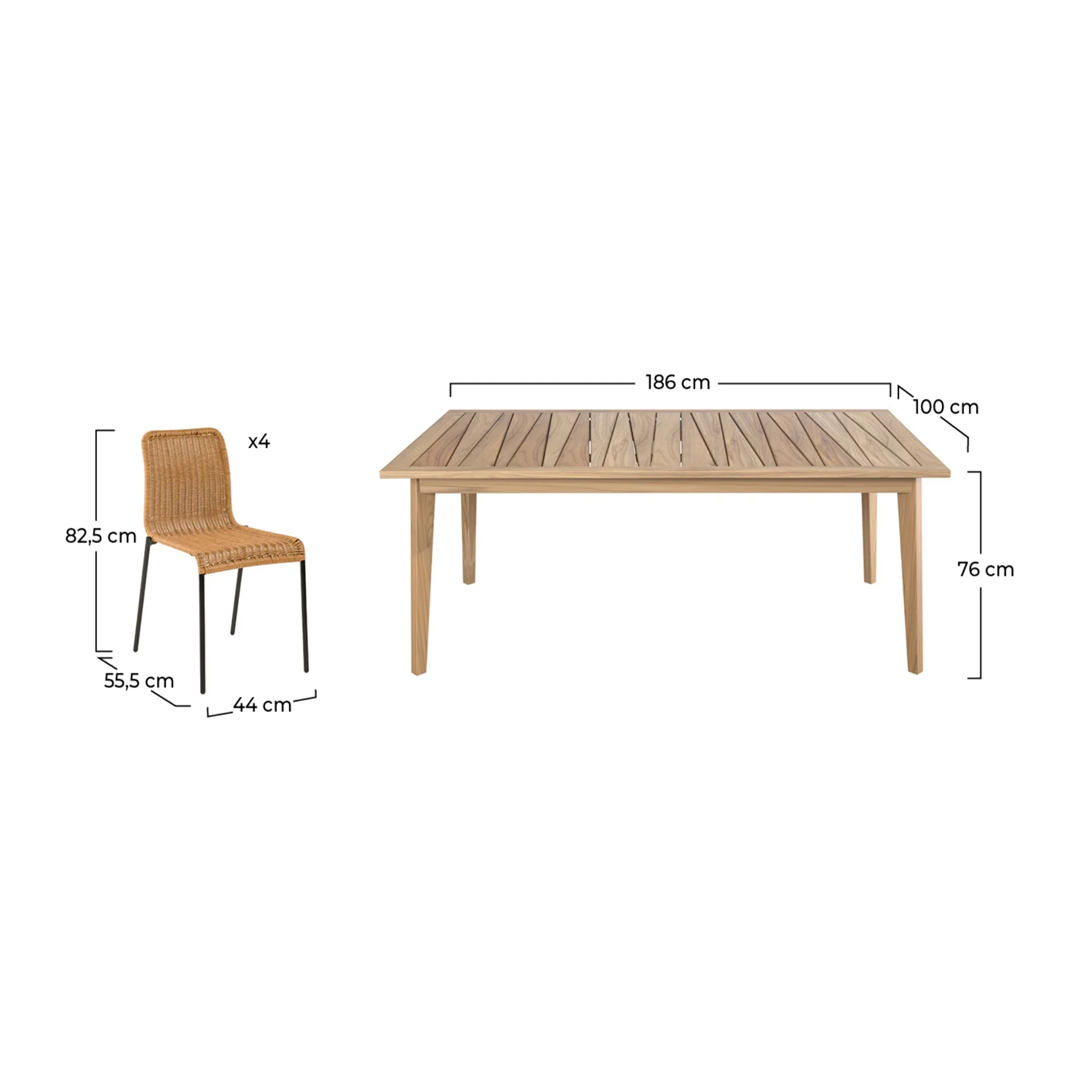 Table et chaises de jardin 8 personnes, bois, résine tressée naturelle - Tunga